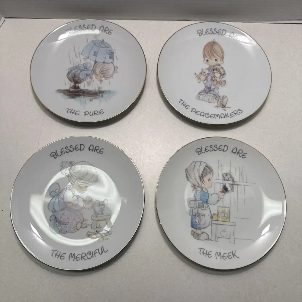 Set Of 4 Vintage 1999 Precious Moments Gold Trim Plates Enesco Blessed Are